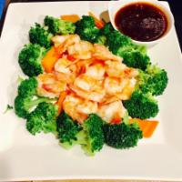 Steamed Shrimp Broccoli · Served with carrot.