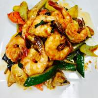 Thai Basil Shrimp  · Sauteed zucchini, peppers, onion, mushroom, carrot, celery and basil. Served with rice and s...