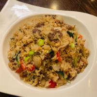 Thai Duck Fried Rice · Served with green red pepper, onion, edamame, egg & basil