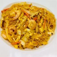 Singapore Fried Mee Hoon Noodles · Spicy. Stir fried rice noodles in lea and perrin sauce with shrimp, chicken, egg, bean sprou...