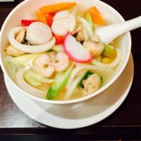 Seafood Udon Soup · Shrimp, scallop, fish cake, and vegetables.