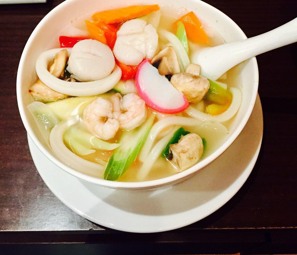 Seafood Udon Soup · Shrimp, scallop, fish cake, and vegetables.