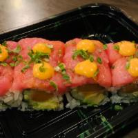 Toro Special Roll · Salmon avocado cucumber inside top with toro scallion and spicy mayo 
