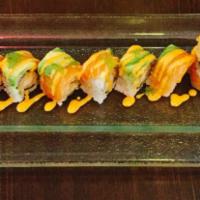 Titanic Roll · Shrimp tempura inside topped with salmon avocado ,spicy mayo & Wasabi caviar