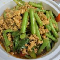 Thai Chili Basil · Sauteed choice of meat with green beans, basil in basil sauce. Add fried egg for an addition...