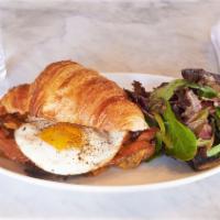 Croissant-Wich · Applewood bacon, fried egg and cheddar cheese, on a croissant with a side salad