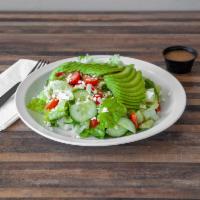 Mediterranean Salad · Boston lettuce, feta cheese, cherry tomatoes, cucumber, avocado. and Italian dressing.