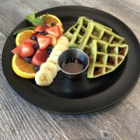 Mr East Pandan Waffle · Homemade Pandan Waffle, Homemade Syrup, Seasonal Fruit