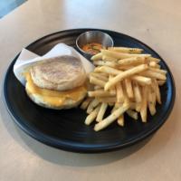 Egg And Cheese Sandwich · English Muffin, Egg, Cheese Butter, Served with Fries  
(Add Sriracha Bacon, Chicken Apple S...