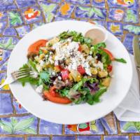 Mediterranean Salad · Mixed greens, tomatoes, roasted peppers, artichokes, marinated mushrooms & feta cheese with ...