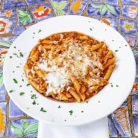 Bolognese Baked Ziti · Ziti pasta in our bolognese meat sauce topped with mozzarella & parmesan cheese then baked i...