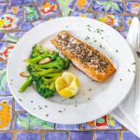 Tuscan Salmon · Italian herb rubbed salmon grilled & served with sautéed broccoli