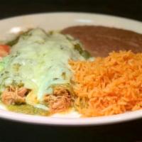Enchiladas Verdes · 2 chicken enchiladas smothered in tangy green tomatillo sauce, Monterrey Jack cheese and top...