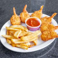 Shrimp Dinner · 6 large deep-fried, breaded shrimp with a garden salad (choice of dressing) or cole slaw, st...