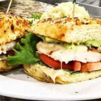 Avalon Sunset · Grilled chicken breast, bacon, tomato, swiss cheese, avocado, sriracha, spicy mayo, and lett...