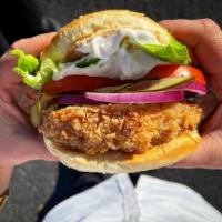 Southern-fried Chicken Burger · Crispy fried chicken, toasted bun, mayo, pickles, lettuce, tomatoes.