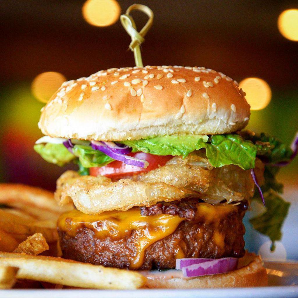 All-In & Beyond Burger · Beyond burger, cheese, bacon, onion rings, avocado, tomatoes, pickles, red onion, lettuce, 1000 island dressing, sesame seed bun