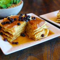 Blueberry Pancakes (Gluten Free) · Made with blueberries & gluten free flour, served with maple syrup & butter.