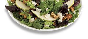 Pear and Gorgonzola Salad · Mixed greens, fresh pear slices, Gorgonzola and house-made roasted candied walnuts with bals...