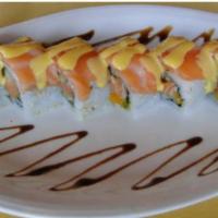 Osaka Roll · Spicy tuna, spicy crabmeat, and avocado on the inside topped with white tuna, avocado, light...