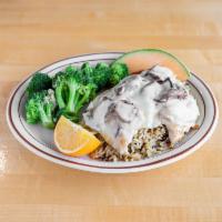 Aunt Jane's Smothered Chicken · Boneless, broiled chicken breast, topped with sauteed onions, mushrooms and melted jack chee...