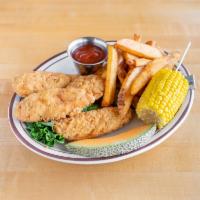 Chicken Strip Dinner · Breaded, boneless chicken breast strips, served with BBQ sauce and choice of side.