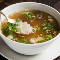 S4 Rice Soup · Rice clear soup with fresh ginger, pepper and scallions. Vegan.