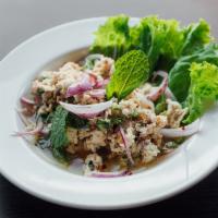 Y8. Larb Salad · Ground meat, red onion, mint, scallions, cilantro, ground toasted jasmine rice ans chili lim...