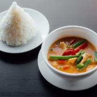 C1. Red Curry · Coconut curry, eggplant, string beans, bell peppers, bamboo shoots, and basil leaves. Served...