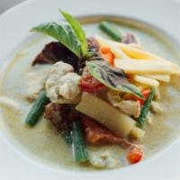 C2. Green Curry · Coconut curry, eggplant, string beans, bell peppers, bamboo shoots and basil leaves. Served ...