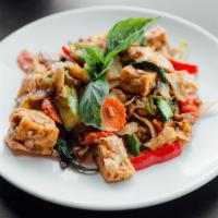 N2. Drunken Noodle · Sauteed flat noodles with egg, onions, bell peppers, long hot peppers, broccoli, bok choy, a...
