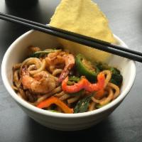 N9. Udon Kee-Mao Noodle · Wheat flour udon noodle. The smell of garlic, chili peppers, and basil sauce sauteed with eg...