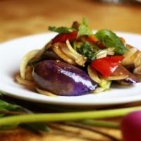 100% Vegan Eggplant Basil · Sauteed eggplant, onions, bamboo, bell pepper, and long hot pepper in spicy basil sauce. Ser...
