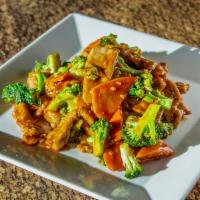 Beef Broccoli · Sauteed with carrots and broccoli in brown sauce. Served with your choice of rice.