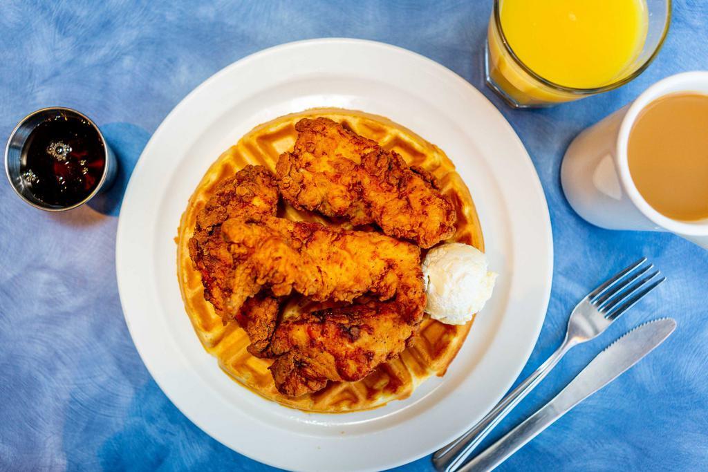 *Chicken ＆ Waffles* · thick buttermilk waffle served with whipped butter, syrup ＆ crispy chicken strips