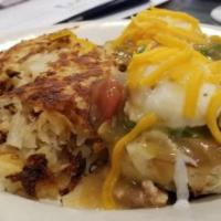 *Green Chili Benedict* · split toasted english muffin, avocado, poached eggs, pork green chili ＆ cheddar cheese serve...