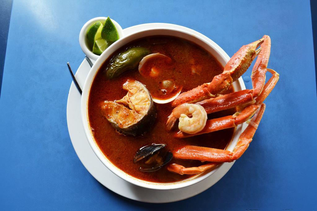 7 Mares Soup · Large soup bowl with prawns, fish, clams, mussels, scallops, crab and octopus. Slowly simmered with mixed vegetables. Served with cilantro and fresh lime.