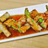 Asparagus Pork · Grilled Asparagus wrapped by sliced Pork belly with special sauce