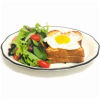 Croque Madame  · Ham and Emmental, on white bread, bechamel, and a sunny-side-up fried egg.