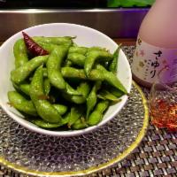 Spicy Edamame · Young soy bean sautéed with spicy yummy sauce.