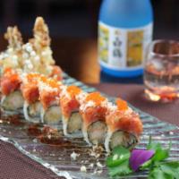 25a Roll · Inside: shrimp tempura and cucumber. Outside: spicy tuna, crunch, tobiko, scallion and spicy...