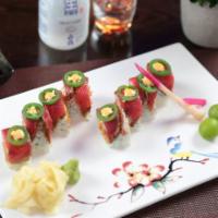 Crazy Tuna Roll · Inside: spicy tuna and crunch. Outside: pepper tuna, jalapeno and spicy sauce. Hot and spicy.