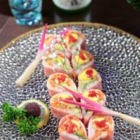 Love Roll  (10 Pieces) · Inside: spicy tuna, spicy salmon, mango, avocado and masago. Outside: wrap with pink soy wra...