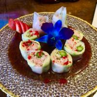 Hoshimi Roll (No Rice) · Spicy crab meat,cucumber,asparagus,avocado & tobiko wrapped with rice paper w. Chef special ...