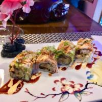 Surfing Duck Roll · Inside: duck tempura and cucumber                             outside: cooked shrimp, crab m...