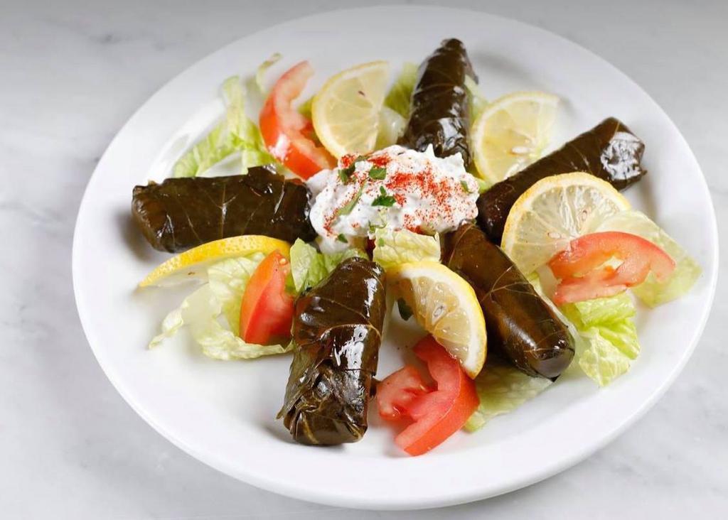Dolma Appetizer · Grape leaves stuffed with rice(5pcs), assorted herbs and spices.