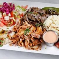 Combo Gyro Plate · Daily cut and cooked lamb and beef meat and chicken meat gyro, rice, hummus and salad(tomato...