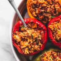 Stuffed Bell pepper · Bell peppers, stuffed with rice, roasted vegetables, such as eggplants, mushrooms, onion, ga...
