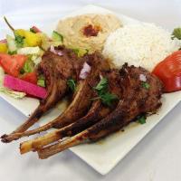 Lamb Chop Plate(4 pcs) · Seasoned with kosher salt and black pepper. Served with rice, side salad, hummus and pita br...