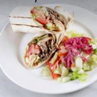 Lamb and Beef Gyro Wrap · Daily cut and cooked lamb and beef meat gyro, tomatoes, cucumber, romaine hearts, tzatziki s...